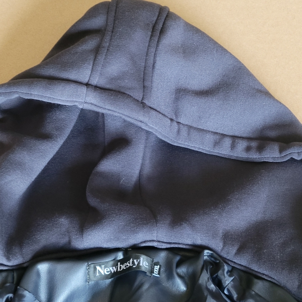 Newbeststyle Faux Leather Hoodie Lined Moto Jacket Womens Size XXL Navy - Picture 8 of 16